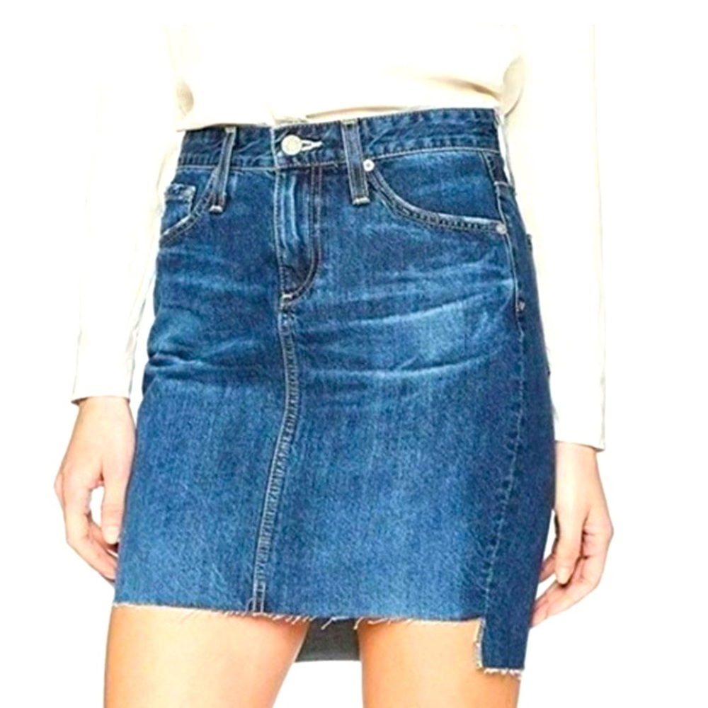 AG-ED Denim The Erin Pencil Skirt Blue Distressed Pockets Frayed Hems Size 28
